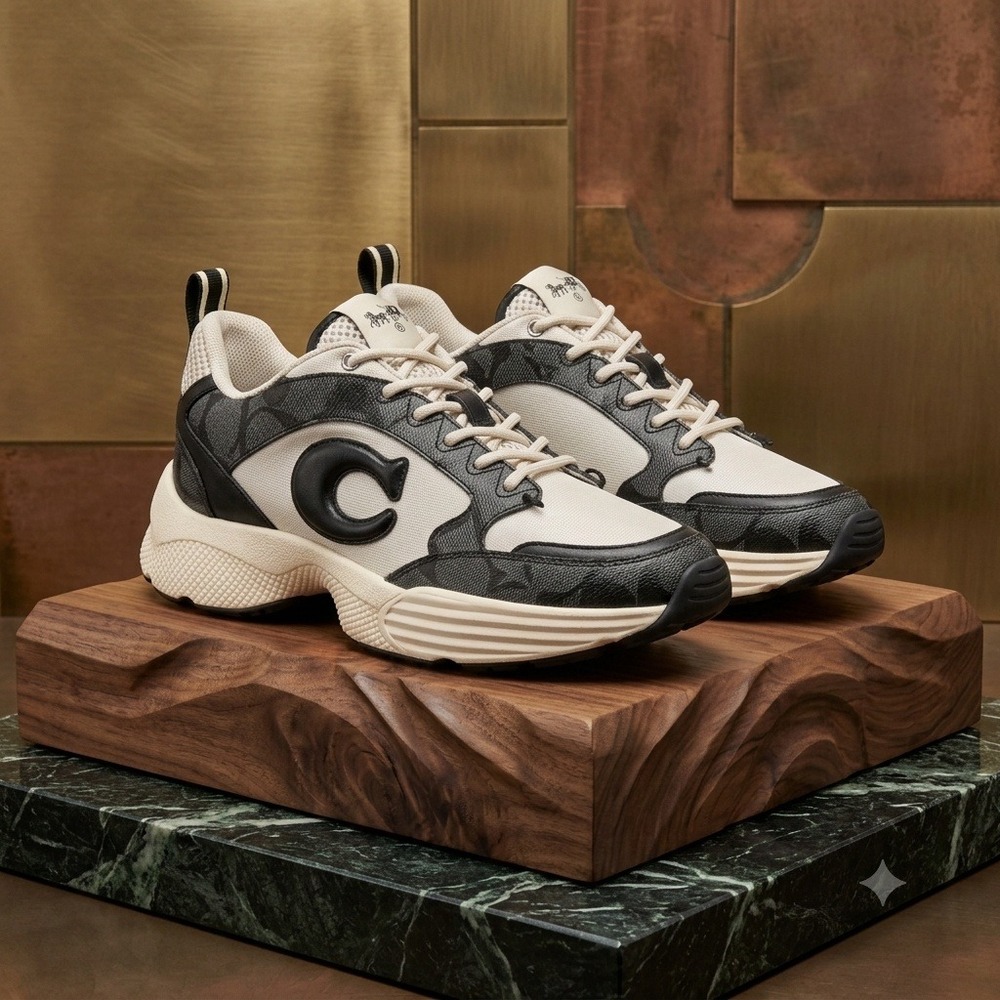 Coach C301 Runner Sneakers Black Cream Signature Monogram Low Top CI071 6.5B